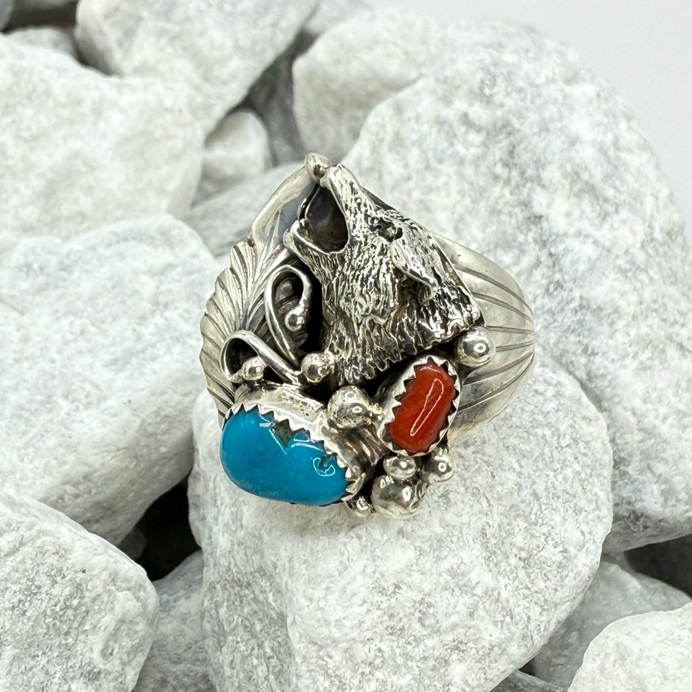 Navajo Sterling Silver Wolf Ring w/ Turquoise & Coral—Genevieve Francisco — 10.5 - Picture 3 of 8